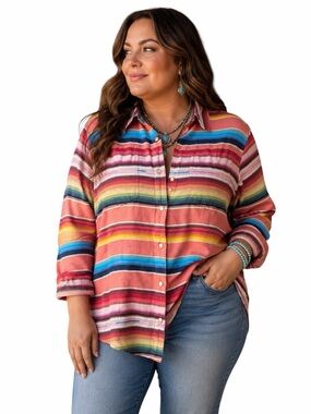 Tasha Polizzi XL Colt 44 Colorful Serape Southwestern Pearl Snap Button Shirt